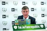 24 August 2020; Republic of Ireland manager Stephen Kenny during an interview with Sky Sports News following his squad announcement at JACC Headquarters in Dublin as the FAI unveiled a new six-year partnership with the New Era brand of headwear and leisurewear. Photo by Stephen McCarthy/Sportsfile