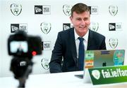 24 August 2020; Republic of Ireland manager Stephen Kenny during an interview with Sky Sports News following his squad announcement at JACC Headquarters in Dublin as the FAI unveiled a new six-year partnership with the New Era brand of headwear and leisurewear. Photo by Stephen McCarthy/Sportsfile