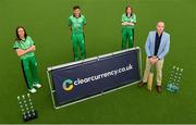 27 August 2020; Clear Currency CEO Peter O'Flanagan, right, with Ireland U19 internationals, from left, Orla Prendergast, Tim Tector and Louise Little, during the Cricket Ireland Clear Currency sponsorship announcement at the High Performance Training Centre on the Sport Ireland Campus in Dublin. Photo by Seb Daly/Sportsfile