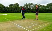 27 August 2020; Team captains Gary Wilson of Northern Knights, left, and Jack Tector of Munster Reds inspect the wicket prior to the 2020 Test Triangle Inter-Provincial Series match between Northern Knights and Munster Reds at Stormont Cricket Club in Belfast. Photo by Seb Daly/Sportsfile