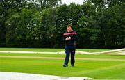27 August 2020; Northern Knights captain Gary Wilson inspects the wicket prior to the abandonment of the 2020 Test Triangle Inter-Provincial Series match between Northern Knights and Munster Reds at Stormont Cricket Club in Belfast. Photo by Seb Daly/Sportsfile