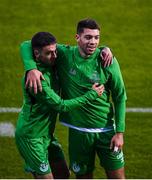 27 August 2020; Dean Williams, left, and Sean Callen of Shamrock Rovers warm-up ahead of the UEFA Europa League First Qualifying Round match between Shamrock Rovers and Ilves at Tallaght Stadium in Dublin. Photo by Stephen McCarthy/Sportsfile