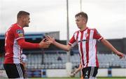 29 August 2020; Ciaron Harkin, right, celebrates with his Derry City team-mate Colm Horgan after scoring his side's first goal during the Extra.ie FAI Cup Second Round match between Drogheda United and Derry City at United Park in Drogheda, Louth. Photo by Stephen McCarthy/Sportsfile