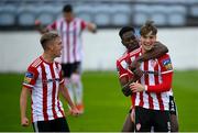 29 August 2020; Stephen Mallon, right, celebrates with Derry City team-mates Ibrahim Meite and Ciaron Harkin, left, after scoring their second goal during the Extra.ie FAI Cup Second Round match between Drogheda United and Derry City at United Park in Drogheda, Louth. Photo by Stephen McCarthy/Sportsfile