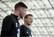 1 September 2020; James McClean, right, and James McCarthy during an activation session prior to Republic of Ireland training session at the Sport Ireland National Indoor Arena in Dublin. Photo by Stephen McCarthy/Sportsfile