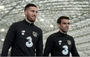 1 September 2020; Matt Doherty, left, and Seamus Coleman during an activation session prior to Republic of Ireland training session at the Sport Ireland National Indoor Arena in Dublin. Photo by Stephen McCarthy/Sportsfile