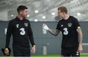 1 September 2020; James McClean, right, and James McCarthy during an activation session prior to Republic of Ireland training session at the Sport Ireland National Indoor Arena in Dublin. Photo by Stephen McCarthy/Sportsfile