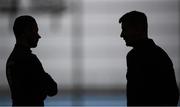 1 September 2020; Republic of Ireland manager Stephen Kenny and Alan Browne, left, during an activation session prior to Republic of Ireland training session at the Sport Ireland National Indoor Arena in Dublin. Photo by Stephen McCarthy/Sportsfile