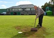 3 September 2020; Groundsman Joey Mooney tends to the pitch prior to the 2020 Test Triangle Inter-Provincial Series match between Munster Reds and North West Warriors at North County Cricket Club in Balbriggan, Dublin. Photo by Seb Daly/Sportsfile