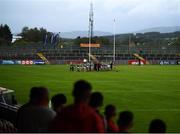 5 September 2020; Dungannon players stand for Amhrán na bhFiann during the Tyrone County Senior Football Championship Semi-Final match between Dungannon Thomas Clarke GAA and Errigal Ciaran at Healy Park in Omagh, Tyrone. Photo by David Fitzgerald/Sportsfile