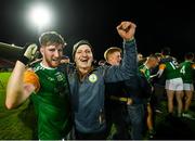 5 September 2020; Colm Corrigan of Dungannon celebrates with a supporter following the Tyrone County Senior Football Championship Semi-Final match between Dungannon Thomas Clarke GAA and Errigal Ciaran at Healy Park in Omagh, Tyrone. Photo by David Fitzgerald/Sportsfile