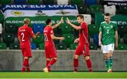 7 September 2020; Alexander Sørloth, right, celebrates with his Norway team-mates Mohamed Elyounoussi of Norway, 11, and Haitam Aleesami, left, after scoring their third goal during the UEFA Nations League B match between Northern Ireland and Norway at the National Football Stadium at Windsor Park in Belfast. Photo by Stephen McCarthy/Sportsfile