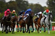 12 September 2020; Halimi, centre, with Kevin Manning up, races alongside eventual third place Powerful Ted, left, with Colin Keane up, on their way to winning the Irish Stallion Farms EBF 'Petingo' Handicap during day one of The Longines Irish Champions Weekend at Leopardstown Racecourse in Dublin. Photo by Seb Daly/Sportsfile