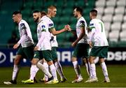 18 September 2020; Kevin Knight of Cabinteely celebrates with Jonathan Carlin and team-mates after scoring his side's first goal during the SSE Airtricity League First Division match between Shamrock Rovers II and Cabinteely at Tallaght Stadium in Dublin. Photo by Harry Murphy/Sportsfile