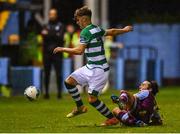 22 September 2020; Kevin Zefi of Shamrock Rovers II in action against James Brown of Drogheda United during the SSE Airtricity League First Division match between Drogheda United and Shamrock Rovers II at United Park in Drogheda, Louth. Photo by Ben McShane/Sportsfile