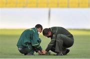 23 September 2020; Ground staff tend to the pitch during a Dundalk training session at Stadionul Sheriff in Tiraspol, Moldova. Photo by Alex Nicodim/Sportsfile