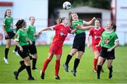 26 September 2020; Lucy McCartan of Peamount United in action against Jamie Finn of Shelbourne during the Women's National League match between Shelbourne and Peamount at Tolka Park in Dublin. Photo by Stephen McCarthy/Sportsfile