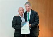 2 June 2013; Paul O'Brien receives his UEFA Pro Diploma Certificate from FAI Chief Executive John Delaney. Three International Friendly, Republic of Ireland v Georgia, Aviva Stadium, Lansdowne Road, Dublin. Picture credit: Barry Cregg / SPORTSFILE