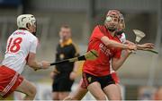 30 June 2013; Michael Ennis, Down, in action against Chris Convery, left, and Kevin Hinphey, Derry. Ulster GAA Hurling Senior Championship, Semi-Final, Derry v Down, Athletic Grounds, Armagh. Picture credit: Brendan Moran / SPORTSFILE