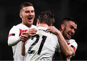 1 October 2020; Daniel Cleary, 21, of Dundalk celebrates after scoring his side's second goal with team-mates Patrick McEleney, left, and Michael Duffy during the UEFA Europa League Play-off match between Dundalk and Ki Klaksvik at the Aviva Stadium in Dublin. Photo by Ben McShane/Sportsfile