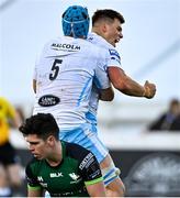 3 October 2020; Huw Jones, right, celebrates with Glasgow Warriors team-mate Scott Cummings after scoring his side's second try  during the Guinness PRO14 match between Connacht and Glasgow Warriors at The Sportsground in Galway. Photo by Ramsey Cardy/Sportsfile
