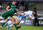 3 October 2020; Huw Jones of Glasgow Warriors dives over to score his side's second try despite the tackle of Alex Wootton of Connacht during the Guinness PRO14 match between Connacht and Glasgow Warriors at The Sportsground in Galway. Photo by Ramsey Cardy/Sportsfile