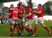 1 November 2020; Matt Gallagher of Munster celebrates with team-mates after scoring his side's third try during the Guinness PRO14 match between Dragons and Munster at Rodney Parade in Newport, Wales. Photo by Chris Fairweather/Sportsfile