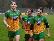 1 November 2020; Donegal players, from left, Hugh McFadden, Peadar Mogan and Eoin McHugh following the Ulster GAA Football Senior Championship Quarter-Final match between Donegal and Tyrone at MacCumhaill Park in Ballybofey, Donegal. Photo by Stephen McCarthy/Sportsfile