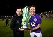 4 November 2020; Shamrock Rovers manager Stephen Bradley and captain Ronan Finn after being presented with the SSE Airtricity League Premier Division trophy following their match against St Patrick's Athletic at Tallaght Stadium in Dublin. Photo by Stephen McCarthy/Sportsfile
