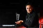 5 November 2020; Barretstown / Women's National League October Player of the Month, Jessica Ziu of Shelbourne, with her award at Tolka Park in Dublin. Photo by Harry Murphy/Sportsfile