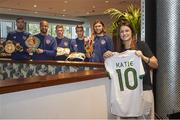 11 November 2020; Boxer Katie Taylor with members of the Republic of Ireland team, from left, Shane Duffy, Darren Randolph, James McClean, Seamus Coleman and Jeff Hendrick at their Wembley hotel in London, England. Photo by Mark Robinson / Matchroom Boxing via Sportsfile