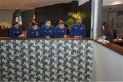 11 November 2020; Boxer Katie Taylor with members of the Republic of Ireland team, from left, Jeff Hendrick, Seamus Coleman, Shane Duffy, James McClean and Darren Randolph at their Wembley hotel in London, England. Photo by Mark Robinson / Matchroom Boxing via Sportsfile