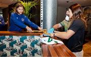 11 November 2020; Boxer Katie Taylor meets members of the Republic of Ireland team, incuding Jeff Hendrick, at their Wembley hotel in London, England. Photo by Mark Robinson / Matchroom Boxing via Sportsfile