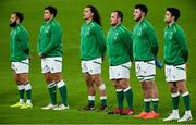 13 November 2020; Ireland players, from left, Jamison Gibson-Park, Dave Heffernan, James Lowe, Ed Byrne, Will Connors and Conor Murray during the National Anthem ahead of the Autumn Nations Cup match between Ireland and Wales at Aviva Stadium in Dublin. Photo by Ramsey Cardy/Sportsfile