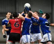 15 November 2020; Cavan players, left to right, Gearóid McKiernan, Ciarán Brady, Stephen Smith and Thomas Galligan battle for the ball against Down players, left to right, Kevin McKernan, and Caolán Mooney during the Ulster GAA Football Senior Championship Semi-Final match between Cavan and Down at Athletic Grounds in Armagh. Photo by Dáire Brennan/Sportsfile