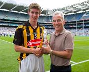 7 July 2013; Kilkenny's Alan Murphy is presented with the Man of the Match award by Sean Walsh, Electric Ireland. Electric Ireland Leinster GAA Hurling Minor Championship Final, Laois v Kilkenny, Croke Park, Dublin. Picture credit: Brian Lawless / SPORTSFILE