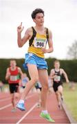 7 July 2013; Kevin McGrath, Bohermeen A.C., Co. Meath, celebrates winning the Boy's U15 800m event during the Woodie's DIY National Juvenile Track and Field Championships. Tullamore Harriers, Tullamore, Co. Offaly. Picture credit: Tomas Greally / SPORTSFILE