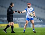 28 November 2020; Darragh Lyons of Waterford hands over the referee's notebook to Fergal Horgan during the GAA Hurling All-Ireland Senior Championship Semi-Final match between Kilkenny and Waterford at Croke Park in Dublin. Photo by Stephen McCarthy/Sportsfile