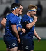 22 November 2020; Thomas Clarkson of Leinster, left, with team-mates Peter Dooley and James Tracy during the Guinness PRO14 match between Leinster and Cardiff Blues at RDS Arena in Dublin. Photo by Brendan Moran/Sportsfile