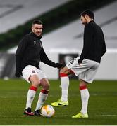 10 December 2020; Michael Duffy, left, and Jordan Flores of Dundalk ahead of the UEFA Europa League Group B match between Dundalk and Arsenal at the Aviva Stadium in Dublin. Photo by Ben McShane/Sportsfile