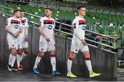 10 December 2020; Dundalk players, from left, Sean Hoare, Sean Gannon, Andy Boyle and Darragh Leahy walk out ahead of the UEFA Europa League Group B match between Dundalk and Arsenal at the Aviva Stadium in Dublin. Photo by Ben McShane/Sportsfile