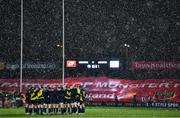 23 January 2021; The Leinster team huddles as snow falls prior to the Guinness PRO14 match between Munster and Leinster at Thomond Park in Limerick. Photo by Eóin Noonan/Sportsfile