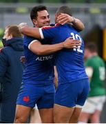 14 February 2021; Arthur Vincent, left, and Gaël Fickou of France celebrate after the Guinness Six Nations Rugby Championship match between Ireland and France at the Aviva Stadium in Dublin. Photo by Brendan Moran/Sportsfile