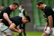 14 February 2021; Ireland forwards, from left, Ed Byrne, Ronan Kelleher and Rob Herring prior to the Guinness Six Nations Rugby Championship match between Ireland and France at the Aviva Stadium in Dublin. Photo by Brendan Moran/Sportsfile