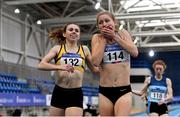 21 February 2021; Georgie Hartigan of Dundrum South Dublin AC, Dublin, centre, reacts after winning in the Women's 800m with a PB of 2:01.48, ahead of Louise Shanahan of Leevale AC, Cork, left, who finished second, during day two of the Irish Life Health Elite Athlete Indoor Micro Meet at Sport Ireland National Indoor Arena at the Sport Ireland Campus in Dublin. Photo by Sam Barnes/Sportsfile