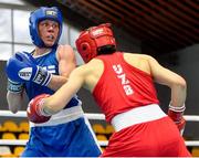 25 February 2021; Mira Potkonen of Finland, right, and Raykhona Kodirova of Uzbekistan compete in their women's welterweight 60kg quarter-final bout during the AIBA Strandja Memorial Boxing Tournament Quarter-Finals at Sofia in Bulgaria. Photo by Alex Nicodim/Sportsfile