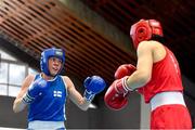 25 February 2021; Mira Potkonen of Finland, right, and Raykhona Kodirova of Uzbekistan compete in their women's welterweight 60kg quarter-final bout during the AIBA Strandja Memorial Boxing Tournament Quarter-Finals at Sofia in Bulgaria. Photo by Alex Nicodim/Sportsfile