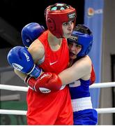 25 February 2021; Andrea Medina of United States, right, and Svetlana Kamenova of Bulgaria compete in their women's lightweight 57kg quarter-final bout during the AIBA Strandja Memorial Boxing Tournament Quarter-Finals at Sofia in Bulgaria. Photo by Alex Nicodim/Sportsfile