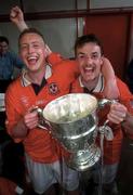 4 May 1997; Shelbourne goalscorers Dave Campbell, left, and Stephen Geoghegan celebrate with the trophy following their side's victory during the FAI Cup Final match between Derry City and Shelbourne at Dalymount Park in Dublin. Photo by David Maher/Sportsfile