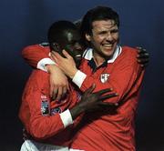 4 April 1997; Mark Rutherford of Shelbourne, left, is conrradulated by team-mate Greg Costello after scoring his side's second goal during the FAI Cup Semi-Final match between Waterford and Shelbourne at RSC in Waterford. Photo by Ray McManus/Sportsfile